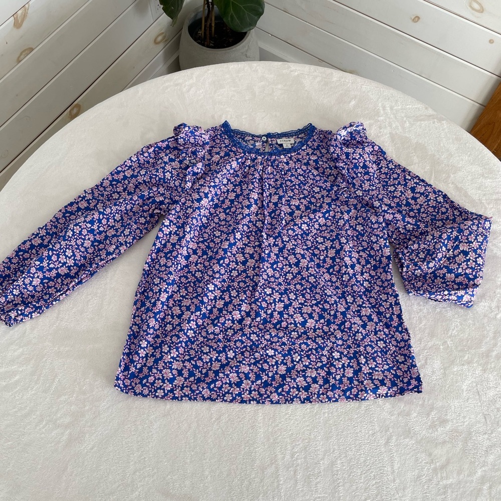 J. Crew Size S Liberty Long-Sleeve Ruffle-Shoulder Top Lace Neckline Pintucked - Picture 4 of 17